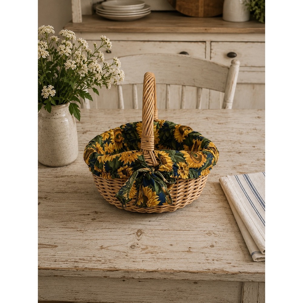 Vintage Woven Wicker Basket with Sunflower Fabric‎ Liner and Bows 13x11.5x13